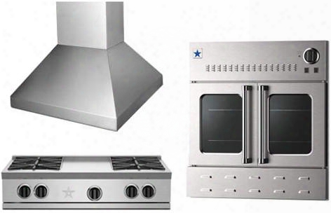 3-piece Stainless Steel Kitchen Package With Rgtnb364ftv2ng 36" Gas Cooktop Bshamp36ss 36" Wall Mount Range Hood And Bwo36agsng 36" Gas Single Wall