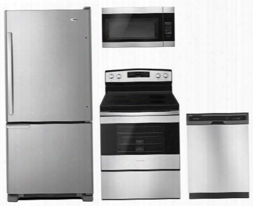 4-piece Kitchen Package With Abb1921brm 30" Bottom Freezer Refrigerator Aer6603sfs 30" Freetanding Elcetric Range Amv2307pfs 30" Over The Range Microwave