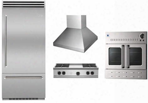 4-piece Kitchen Package With Bbb36r2 36" Bottom Freezer Refrigerator Rgtnb364ftv2ng 36" Gas Cooktop Bshamp36ss 36" Wall Mount Range Hood And Bwo36agsng 36