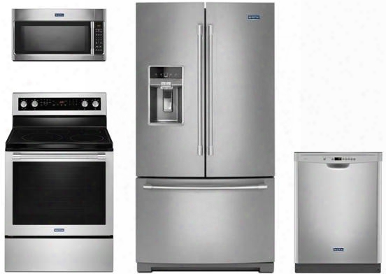 4 Piece Kitchen Package With Mer8800fz 30" Electric Range Mmv4205fz Over The Range Microwave Oven Mft2776fez 36" French Door Refrigerator And Mdb4949sdz 24