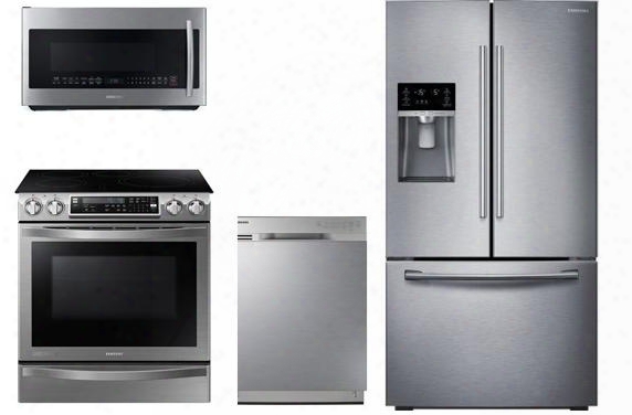 4 Piece Kitchen Package Withn E58h9970ws 30" Slide In Electric Range Me21k7010ds Over The Range Microwave Oven Rf23htedbsr 36" French Door Refrigerator And