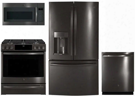 4-piece Kitchen Package With Pfe28kblts 36" French Door Refrigerator Pgs930belts 30" Slide-in Gas Range Jvm7195blts 30" Over The Rage Microwave Oven And