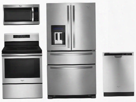 4 Piece Kitchen Package With Wfe520s0fs 30" Electric Range Wmh32519fs Over The Range Microwave Wrx735sdbm 36" French Door Refrigerator And Wdf520padm 24