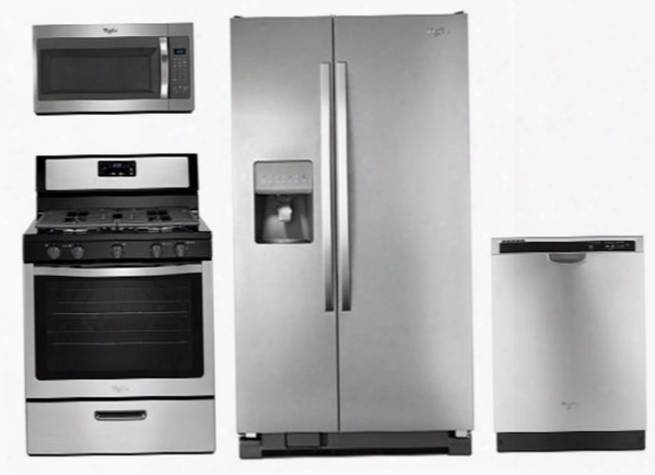 4 Piece Kitchen Package With Wfg505m0bs 30" Gas Range Wmh31017fs Over The Range Microwave Wrs325fdam 36" Side By Side Refrigerator And Wdf520padm 24" Built