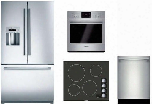 4 Piece Stainless Steel Kitchen Package With B21cl81sns 36" French Door Refrigerator Nem5466uc 24" Gas Cooktop Hbn5451uc 27" Single Wall Oven And Shxn8u55uc