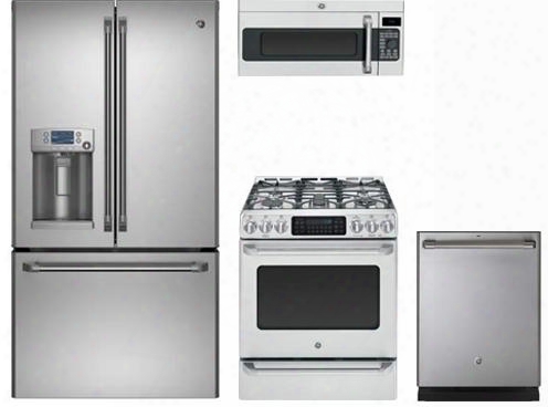 4-piece Stainless Steel Kitchen Package With Cfe28tshss 36" French Door Refrigerator C2s985setss 30" Slide-in Dual Fuel Range Cvm1790ssss 30" Over Teh Range