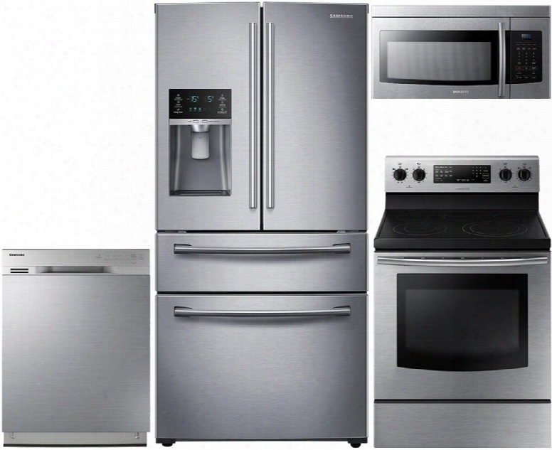 4 Piece Stainless Steel Kitchen Package With Ne59j3420ss 30" Electric Range Lmv1683st 30" Over The Range Microwave Oven Rf28hmedbsr 36" French Door