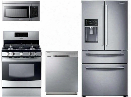 4 Piece Stainless Steel Kitchen Package With Nx58f5500ss 30" Gas Range Lmv1683st 30" Over The Range Microwave Rf28hmedbsr 36" French Door Refrigerator And