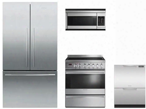 4-piece Stainless  Steel Kitchen Package With Rf201adx5 36" French Door Refrigerator Or30sdpwsx1 30" Gas Freestanding Range Cmoh30ss 30" Over-the-range