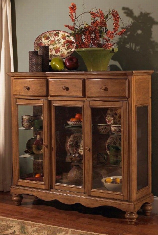 4608-850 Hamptons 60" Server With 2 Glass Doors 3 Drawers 2 Glass Shelves And Solid Pine Construction In Weathered