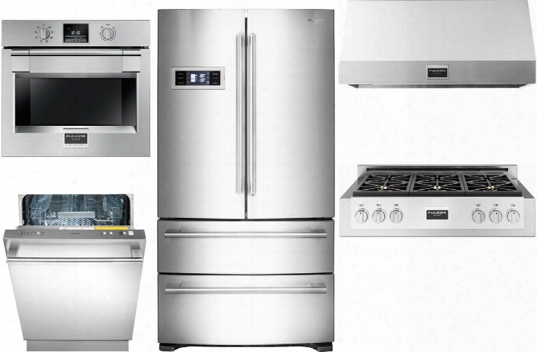 600 Series 5-piece Stainless Steel Kitchen Package With Fm36cdfds1 36" French Door Refrigerator F6grt366s1 36" Gas Range Top F6dw24ss1 24" Fully Integrated