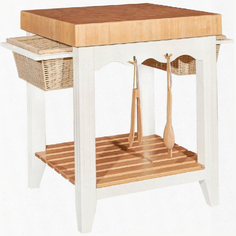 D1031d16 30" White Kitchen Island With Utche Rblock Top Two Basket Pull Out Drawers Slat Bottom Shelf And Four Utensil