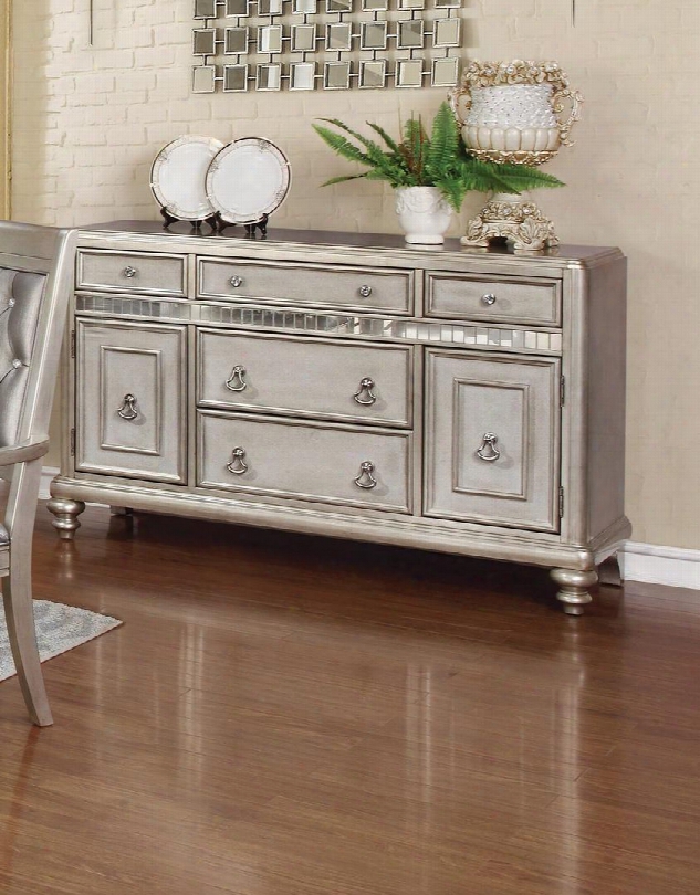 Danwtte 106475 57.25" Dining Server With 5 Drawers 2 Doors Shelves Mirror Accents Turned Legs And Asian Hardwood Construction In Metallic Platinum