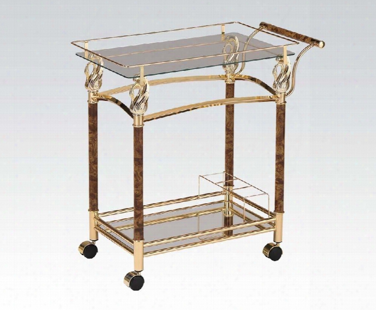 Helmut Collection 98002 29" Serving Cart With 5mm Clear Tempered Glass Top Bottom Glass Shelf Casters Wine Rack And Polished Metal Edges In Gold Plated