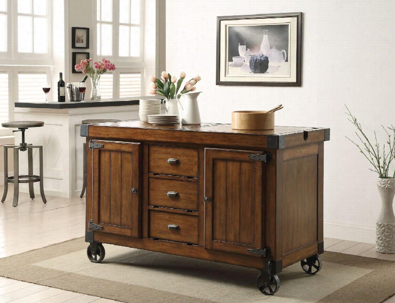 Kabili Collection 98186 57" Kitchen Cart With 3 Drawers 2 Doors 2 Shelves Oversized Caster Wheels Poplar Wood And Qiu Wood Veneer Materials In Antique