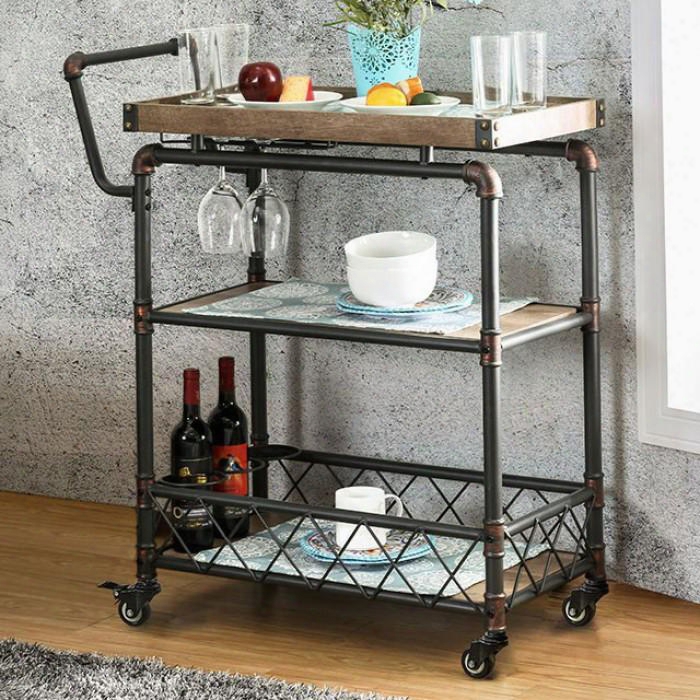 Keervan Cm-ac6847 Serving Cart With Industrial Style Bottom Shelf Guard Rail Wine Bottle Holder Metal/others In Antique