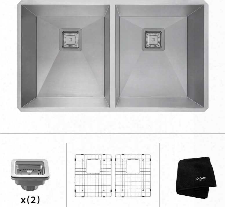 Khu322 Pax Series 32" 50/50 Double-bowl Kitchen Sink With Stainless Steel Construction Soundproofing And Deep Sink