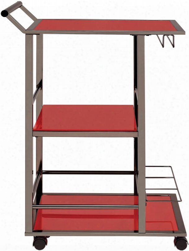 Kitchen Carts Collection 102994 25" Serving Cart With Wine Bottle Storage Stemware Rack Handle Casters Red Glass Shelves And Metal Construction In Black