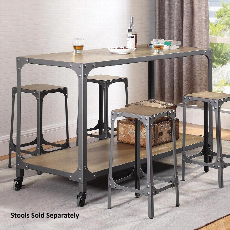 Kitchen Carts Collection 102998 36" Kitchen Island With Bottom Shelves Casters Metal Rivets Wood And Metal Construction In Rustic Light Brown And Gunmetal