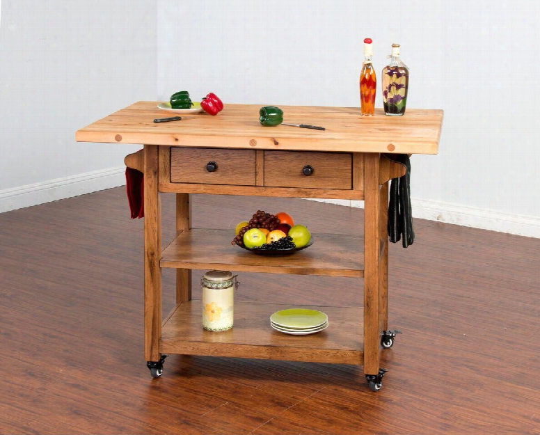 Sedona Collection 2238ro 48" Butcher Block Table With Solid Birch Block Top Adjustable Shelf And 4 Lock Casters In Rustic Oak