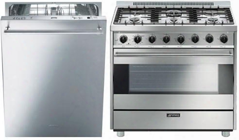 Smeg Stainless Steel 2-piece Kitchen Package With C36ggxu 36" Classic Series Gas Freestanding Range And St8646xu 24" Fully Integrated