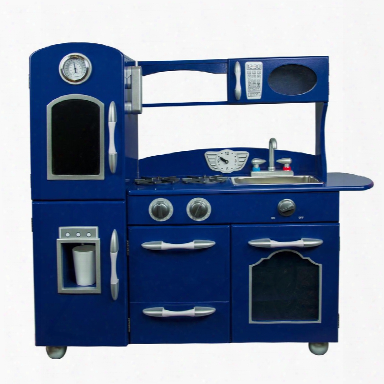 Td11414b Retro Wooden Play Kitchen With Refrigerator Freezer Oven And Dishwasher - Navy Blue (1