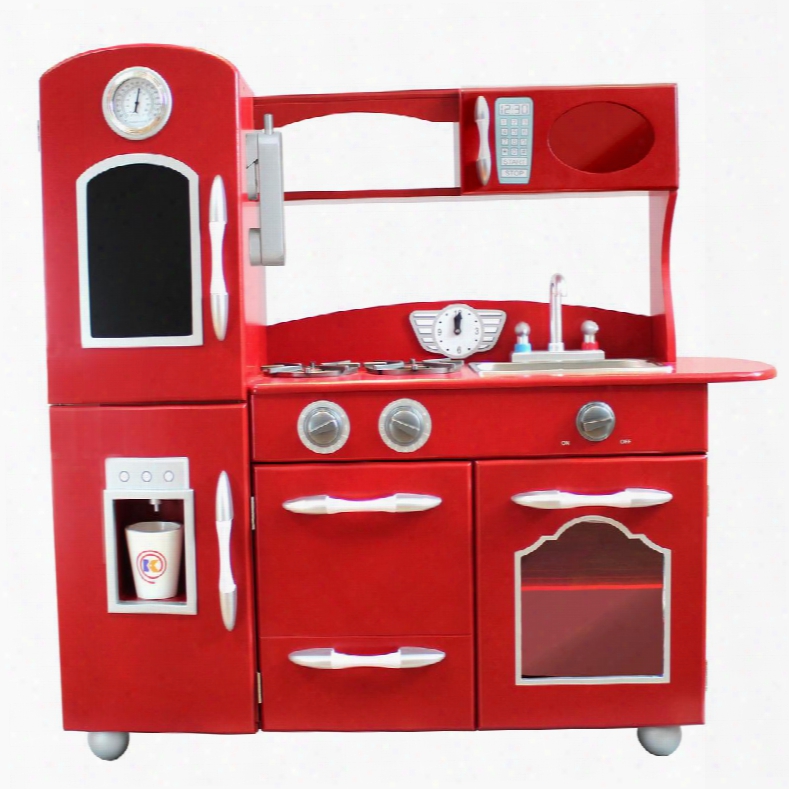 Td11414r Retro Wooden Play Kitchen With Refrigerator Freezer Oven And Dishwasher - Red (1