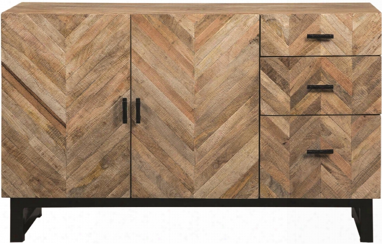 Thompson Collection 107565 54" Server With 2 Doors 3 Drawers Chevron Pattern Metal Base Wood Inlays And Solid Wood Mango Construction In Natural Mango