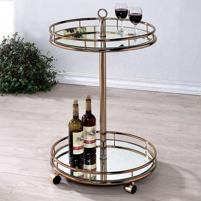 Trixie Cm-ac234 Serving Cart With Contemporary Style 5mm Round Mirror Shelves Gliding Casters Champagne In