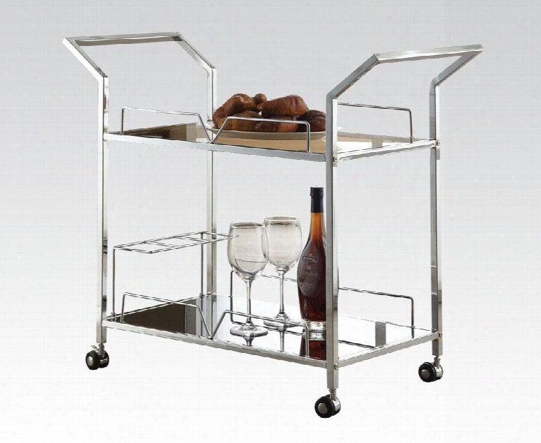 Usha Collection 98129 34" Serving Cart With 5mm Black Tempere Glass Top Bottom Glass Shelf Casters Wine Rack And Metal Tube In Chrome