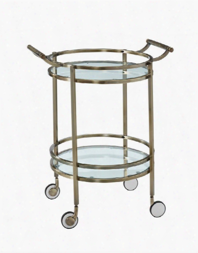 13k167 26" Antique Brass Round Service Cart With Caster Wheels Antique Brass Finish Metal Frame Aand Glass