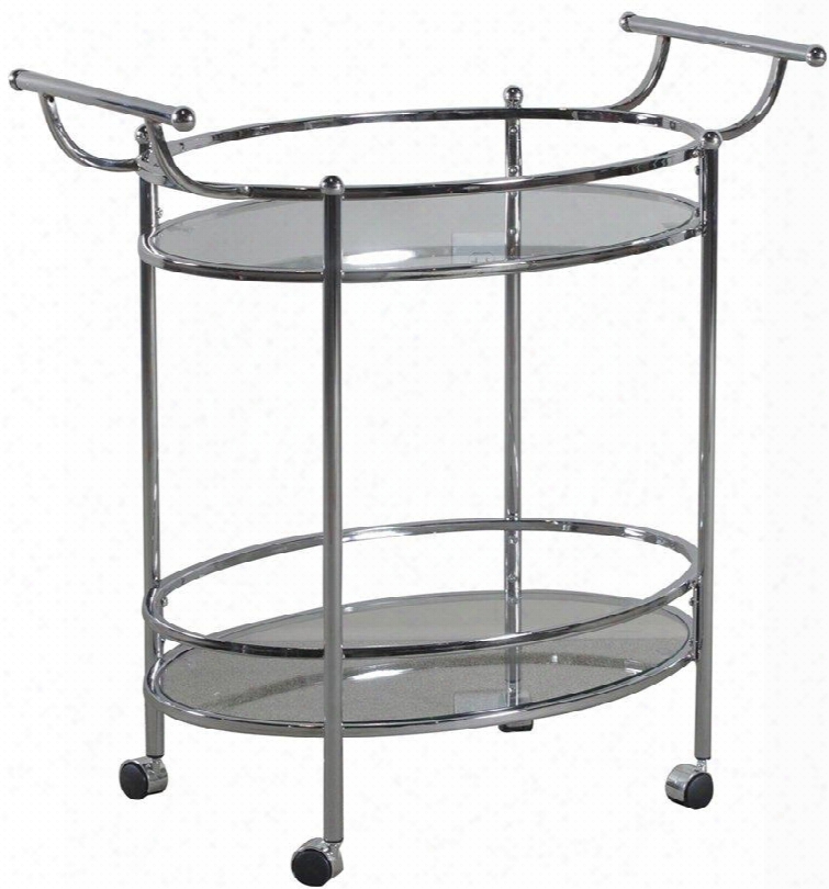 13k169 32" Service Cart With 2 Handles Tempered Black Glass Shelves Caster Wheels And Metal Construction In Chrome