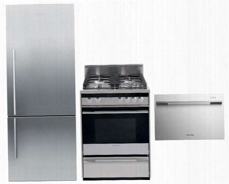 3-piece Stainless Steel Kitchen Package With Rf135bdrx4 25" Right Hinge Counter Depth Bottom Freezer Refrigerator Or24sdmbgx2 24" Freestanding Gas Range And