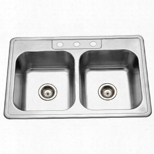 3322-8bs4-1 Glowtone Series Topmount Stainless Steel 4-hole 50/50 Double Bowl Kitchen Sink 8-inch