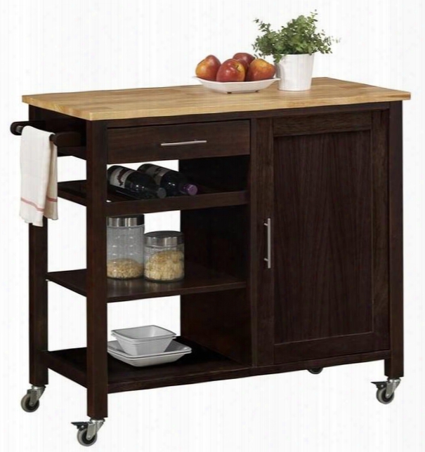 53653 39" Calgary Kitchen Cart With Natural Wood Top 1 Drawer 1 Framed Door And Large Industrial Casters In