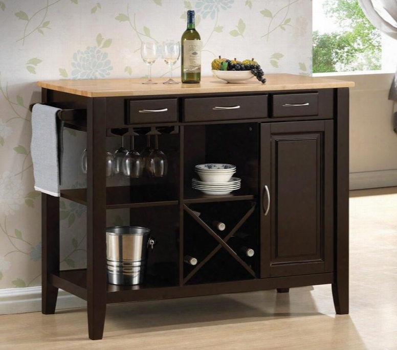 910028 Kitchen Cart With Three Drawers Stemware Rack Open Storage And Wine Bottle Holder In Natural & Cappuccino