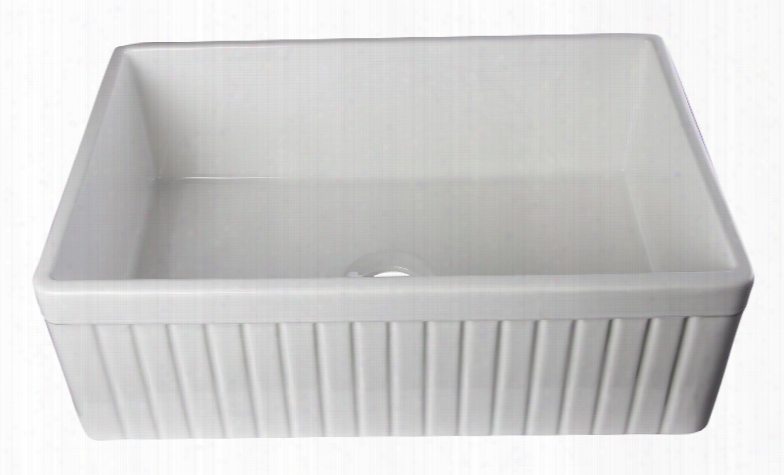 Ab509w 30" Fluted Apron Single Bowl Farmhouse Kitchen Sink With Fireclay And 3 1/2" Rear Center Drain In