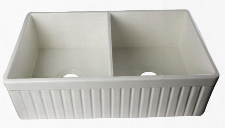 Ab537-b 33" Fluted Apron Double Bowl Farmhouse Kitchen Sink With Fireclay And 3 1/2" Rear Center Drain In