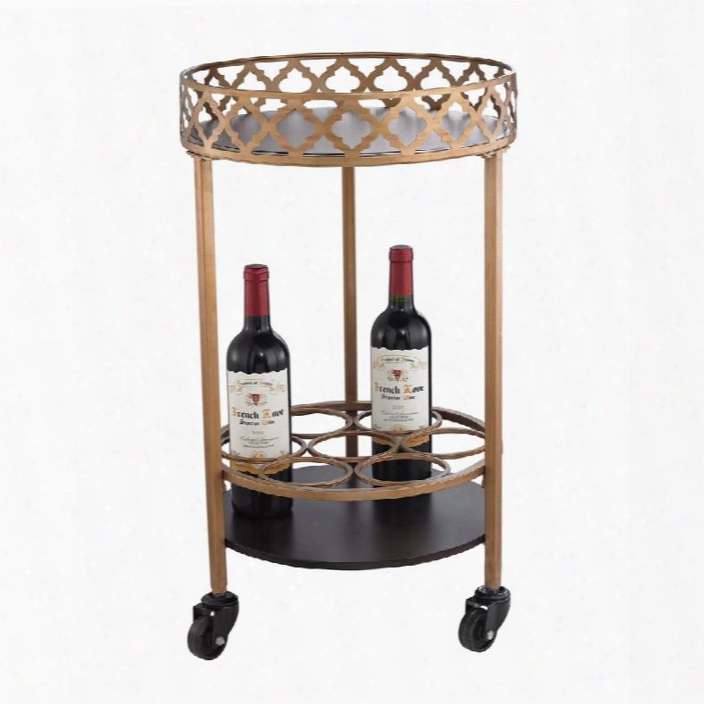 Bar Cart Collection 51-015 15" Bar Cart With Circular Quatrefoil Wine Rack Mobility Casters Mercury Glass Shelves Metal And Wood Construction In Gold And