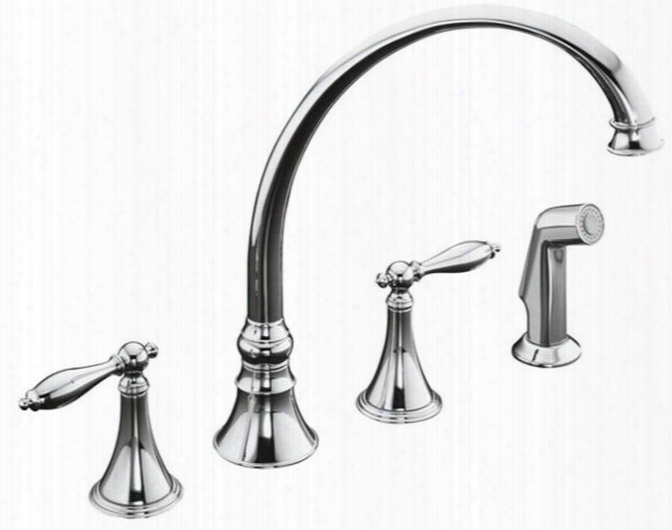 K-377-4m-pc Double Handle Kitchen Faucet With Metal Traditional Lever Handles And Sidespray From The Finial Series: Polished