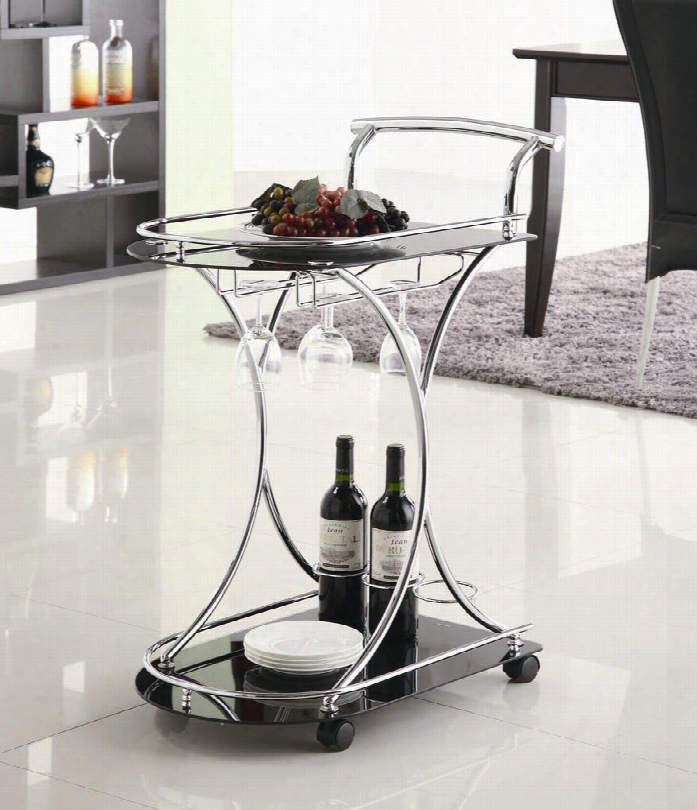 Kitchen Carts 910001 26.5" Serving Cart With 2 Tempered Glass Shelves Wine Bottle Rack Stemware Rack Metal Accents And Casters In Black