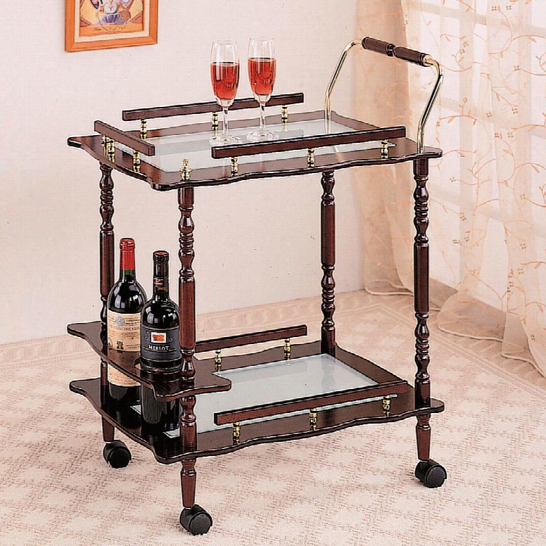 Kitchen Carts Collection 910010 24.75" Serving Cart With Frosted Tempered Glass Top Casters Wine Bottle Holder And Brass Metal Accents In Merlot