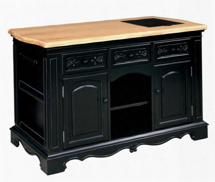 Pennfield Collection 318-416 56" Kitchen Island With Natural Finished Top Black Granite Removable Cutting Surface On Top And Black Sand-through Finished