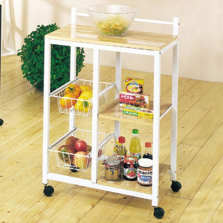 Sitara 02668 23" Kitchen Cart With 2 Metal Baskets Wooden Shelves Casters And Metal Fr Ame In White And Natural
