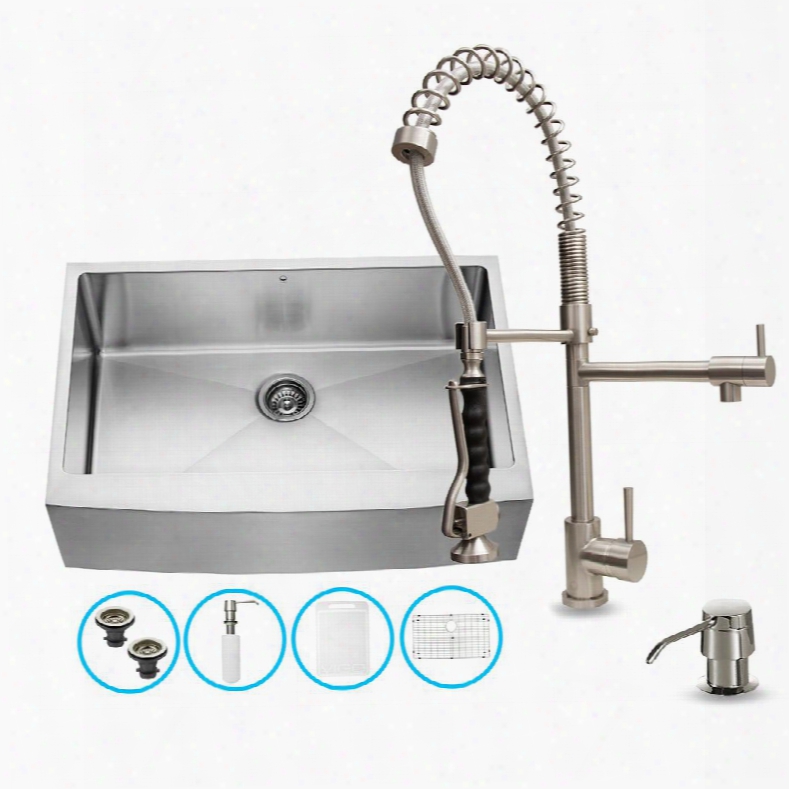 Vg15086 32" Stainle Ss Steel Kitchen Sink Set With 10.125" Stainless Steel Faucet Pull-out Spray Head Faucet Grid Strainer Embossed Vigo Cutting Board And