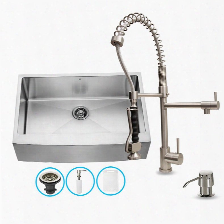 Vg15087 32" Stainless Steel Kitchen Sink Set With 27.25" Stainless Steel Faucet Pull-out Spray Head Faucet Grid Strainer Embossed Vigo Cutting Board And