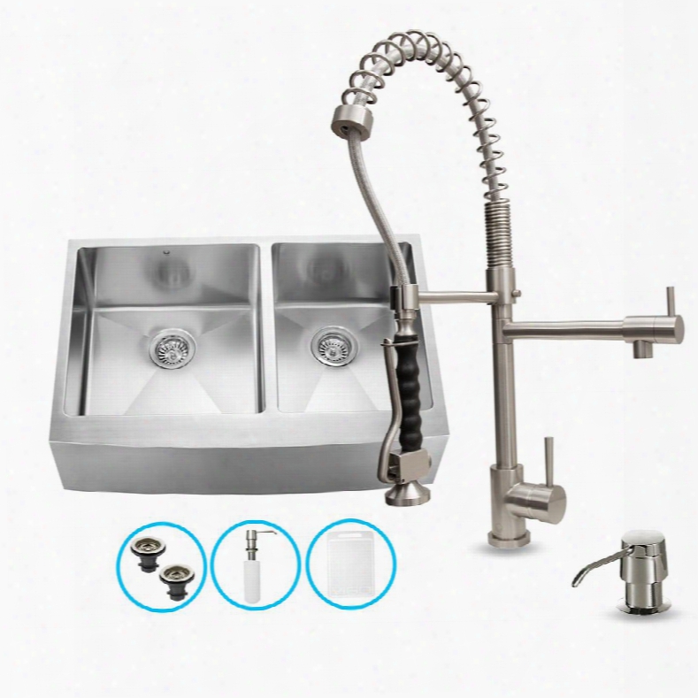 Vg15092 33" Stainless Steel Kitchen Sink Set With 27.25" Stainless Steel Faucet Pull-out Spray Head Faucet 2 Strainers Embossed Vigo Cutting Board And Soap