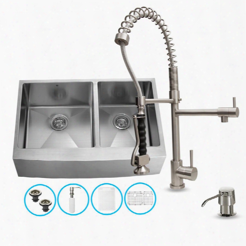 Vg15108 36" Stainless Steel Kitchen Sink Set With 27.25" Stainless Steel Faucet Pull-out Spray Head Faucet 2 Grids 2 Strainers Embossed Vigo Cutting Board