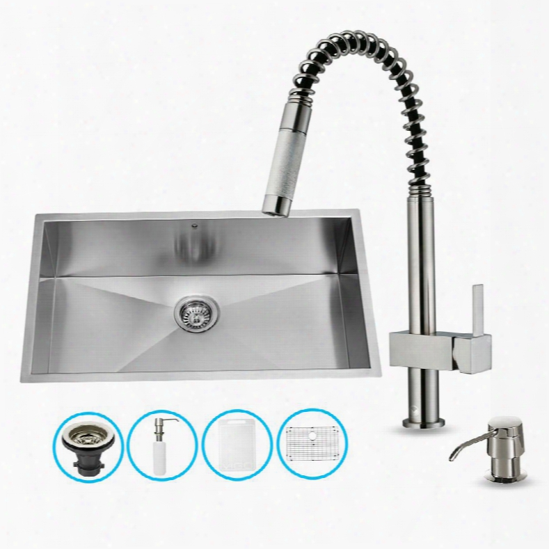 Vg15151 32" Stainles Steel Kitchen Sink Set With 18.5" Stainless Steel Faucet Soap Dispenser Bottom Grid Strainer Embossed Vigo Cutting Board And Pull-out