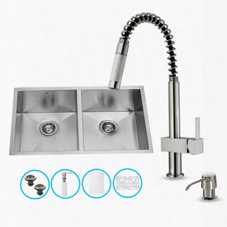 Vg15158 32" Stainless Steel Kitchen Sink Set With 18.5" Stainless Steel Faucet Soap Dispenser 2 Bottom Grids 2 Strainers Embossed Vigo Cutting Board And